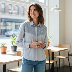 Premier International Embroidered Western Shirt XL Blue Striped Cotton